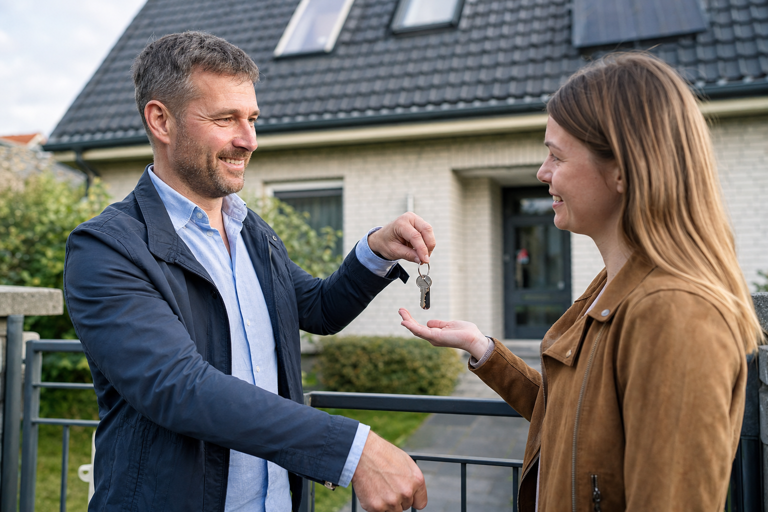 Eigentümer und Käufer bei der gemeinsamen Schlüsselübergabe vor einem Einfamilienhaus