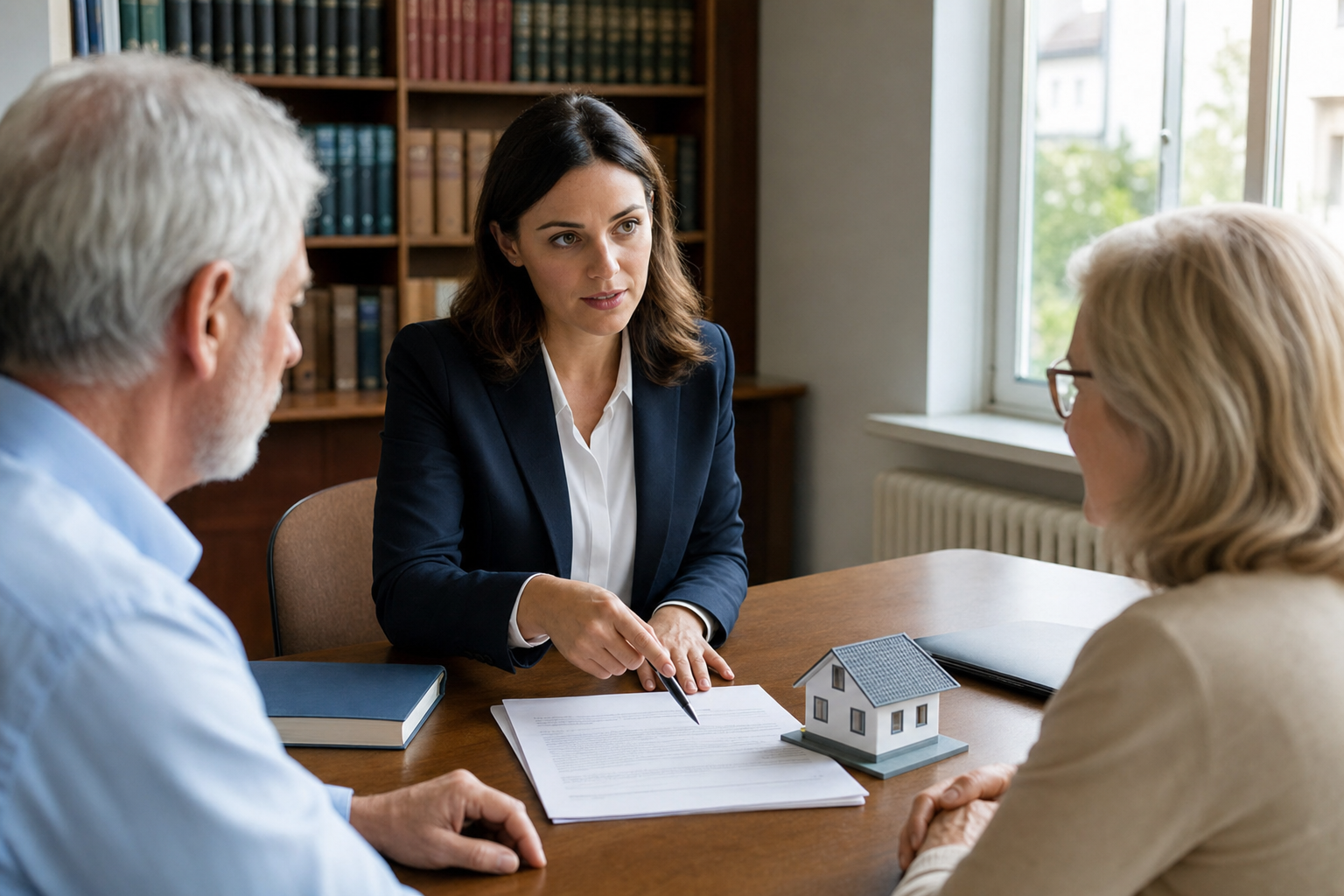 Notarin erläutert Käufer und Wohnberechtigter einen Immobilienvertrag am Besprechungstisch