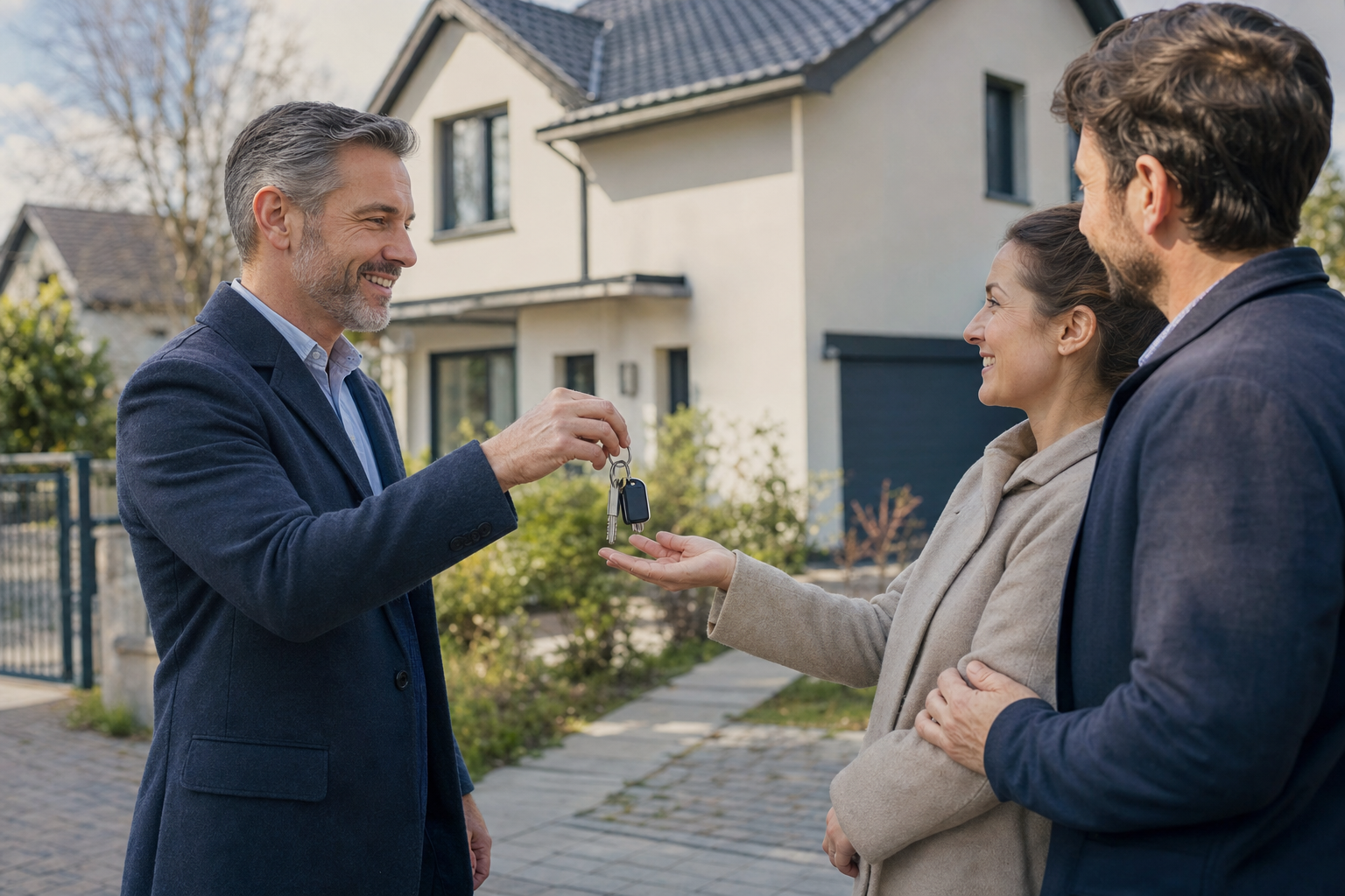 Käufer und Verkäufer bei der protokollierten Schlüsselübergabe vor einem Einfamilienhaus