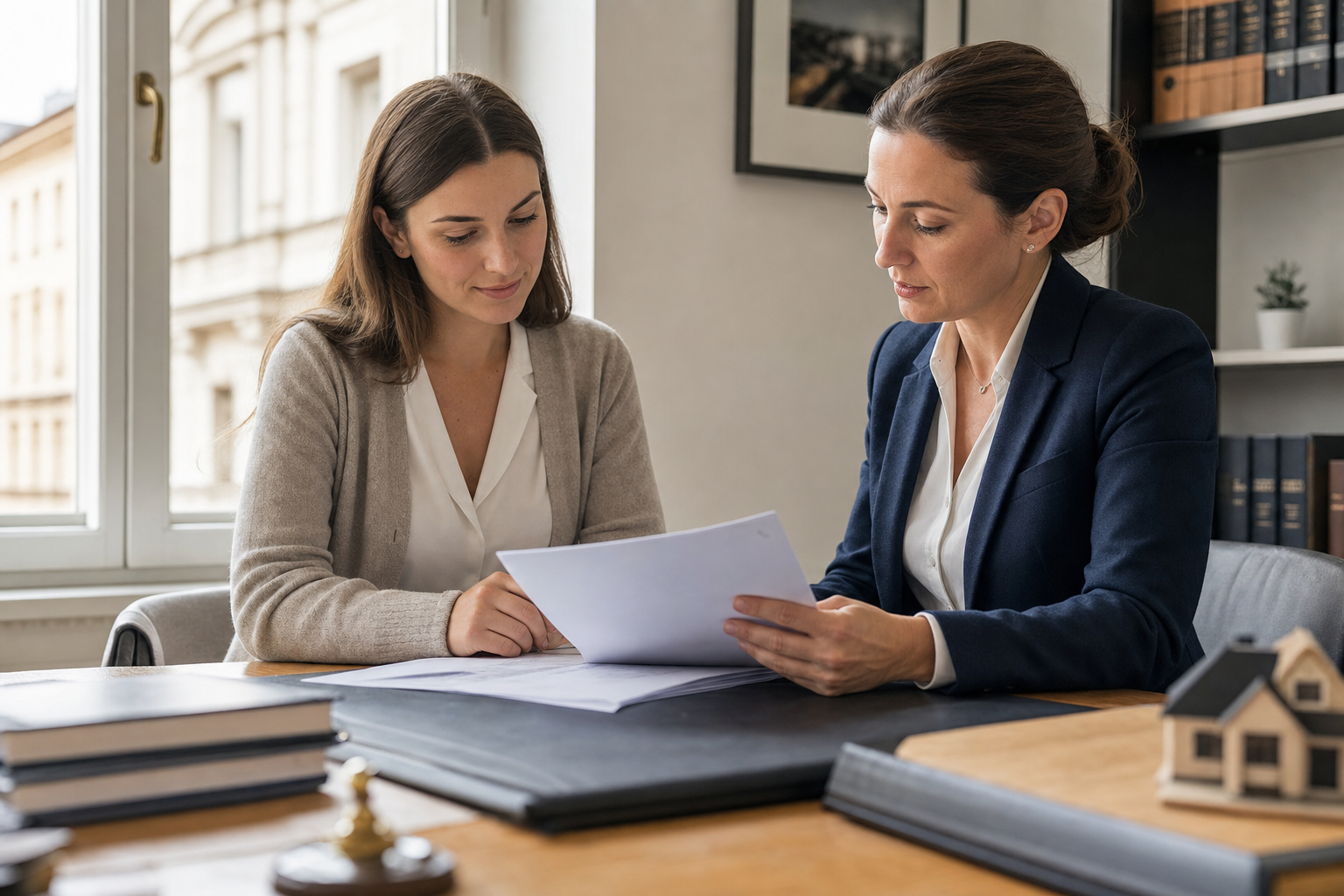 Käuferin und Notar bei der Prüfung eines Immobilienkaufvertrags im Besprechungsraum
