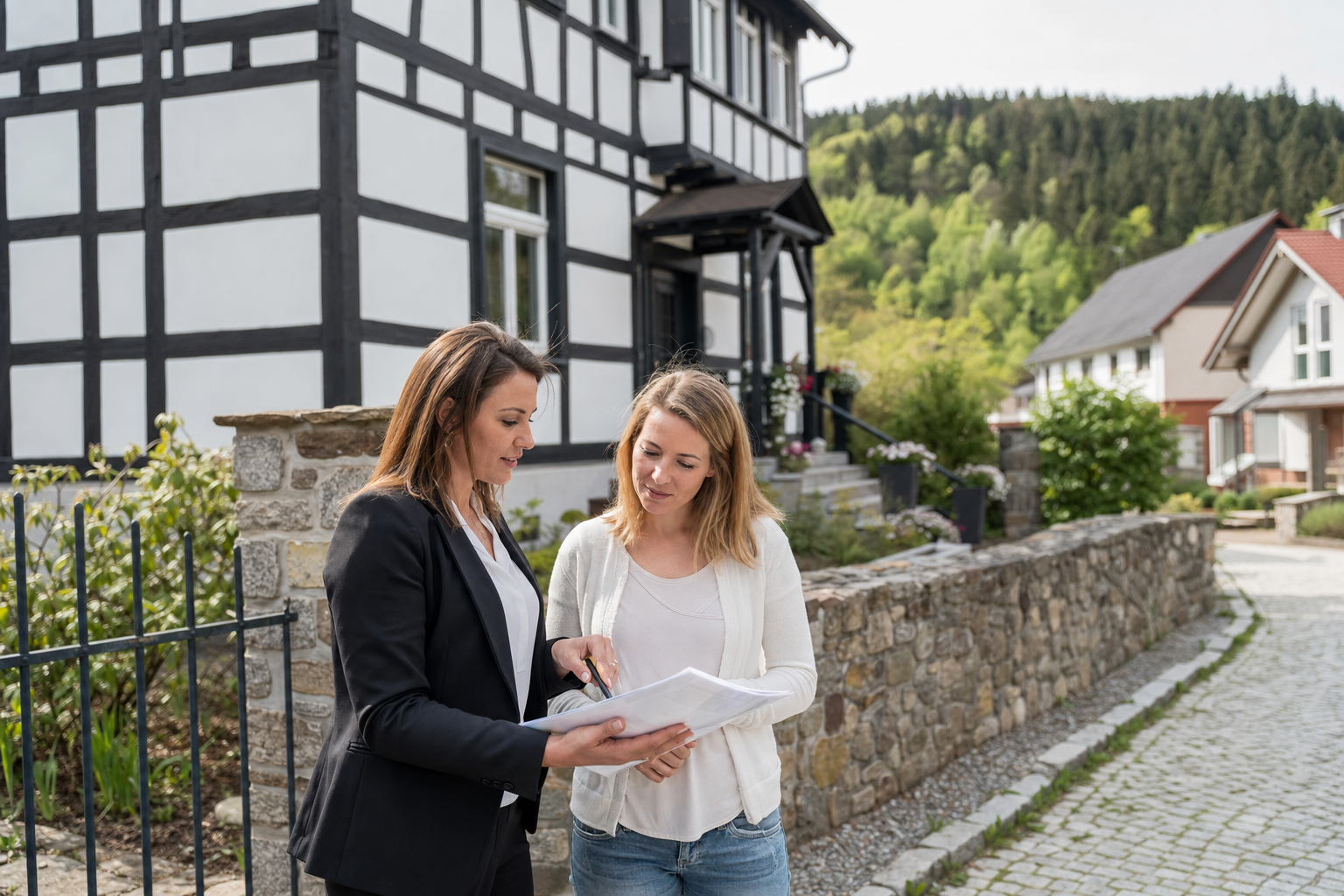 Immobilienmaklerin bespricht mit einem Eigentümer den Verkaufsvertrag vor einem Wohnhaus im Harz
