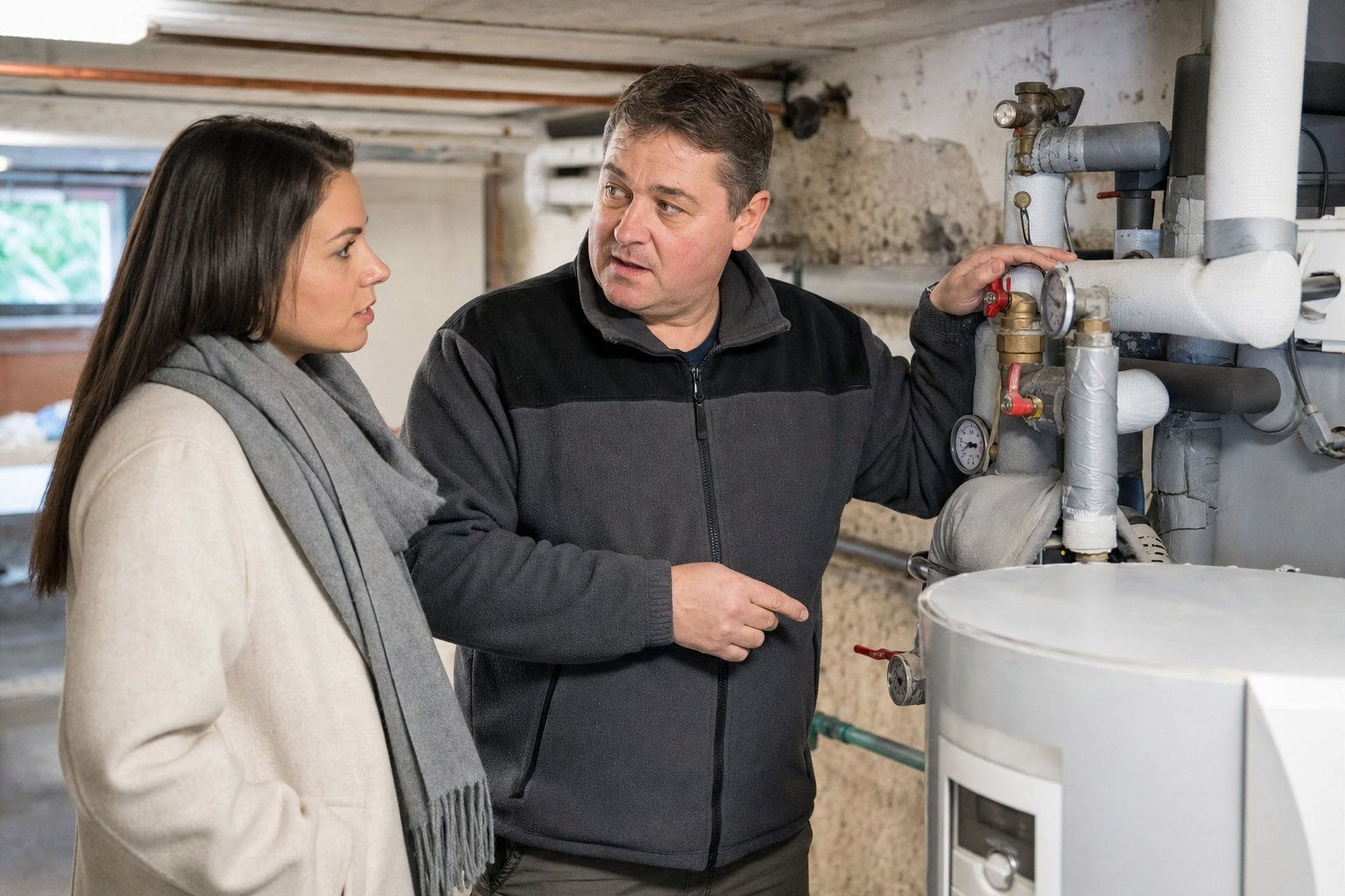 Hausmeister prüft gemeinsam mit der Mieterin die Heizungsanlage im Keller