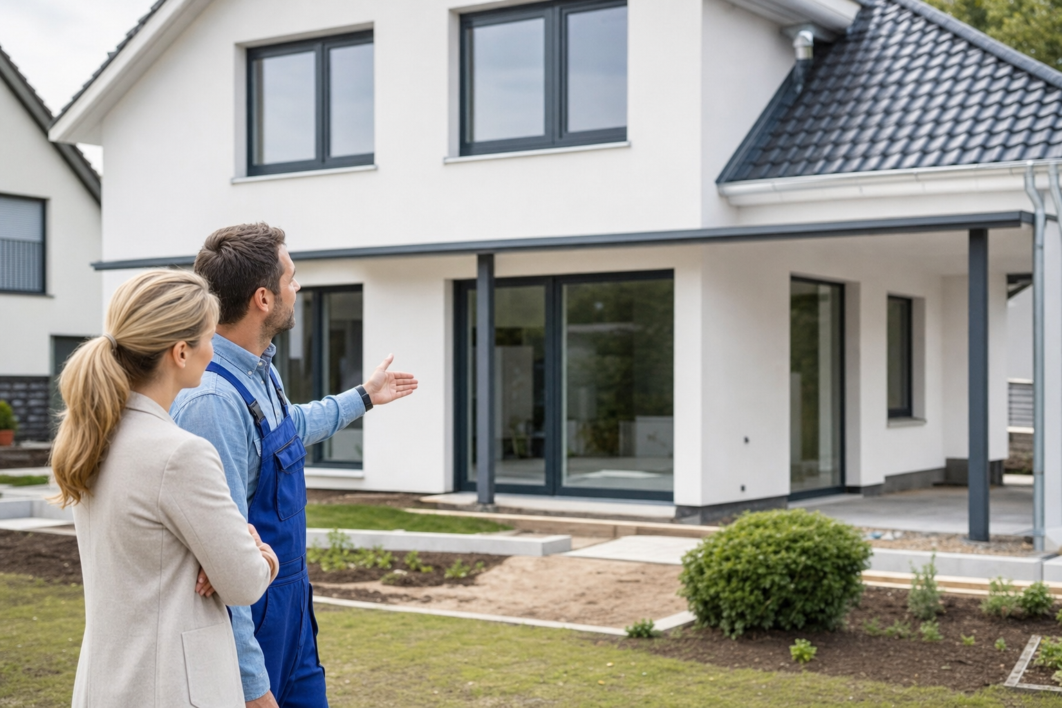 Eigentümerin besichtigt mit einem Handwerker ein frisch renoviertes Einfamilienhaus