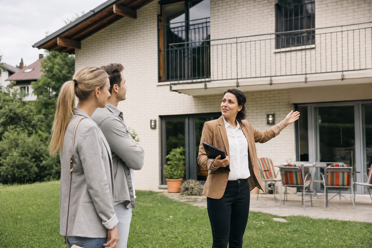 Vermieterin besichtigt mit einem Interessenten ein Einfamilienhaus mit Garten