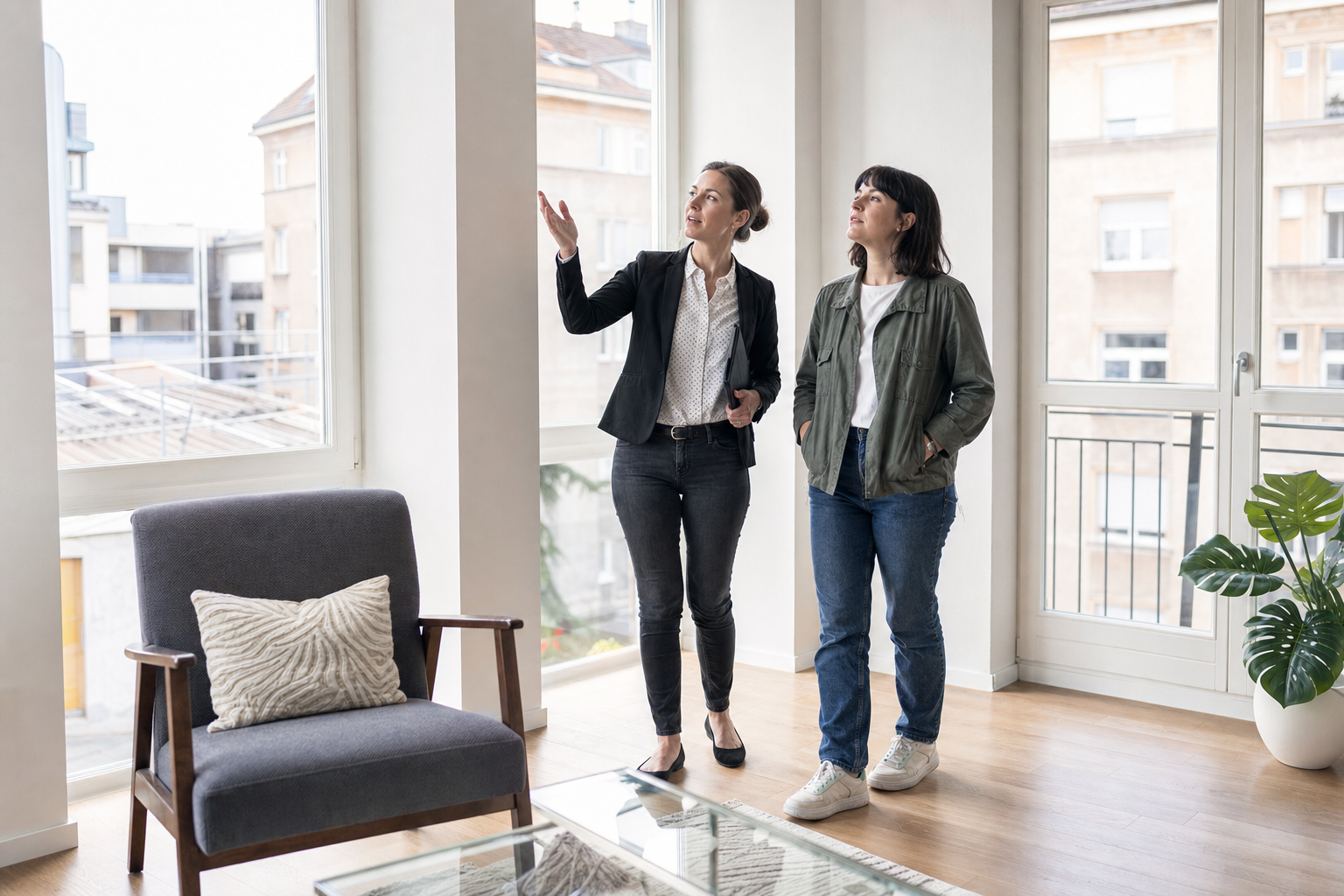 Immobilienmaklerin und Eigentümer bei der Besichtigung einer hellen Stadtwohnung