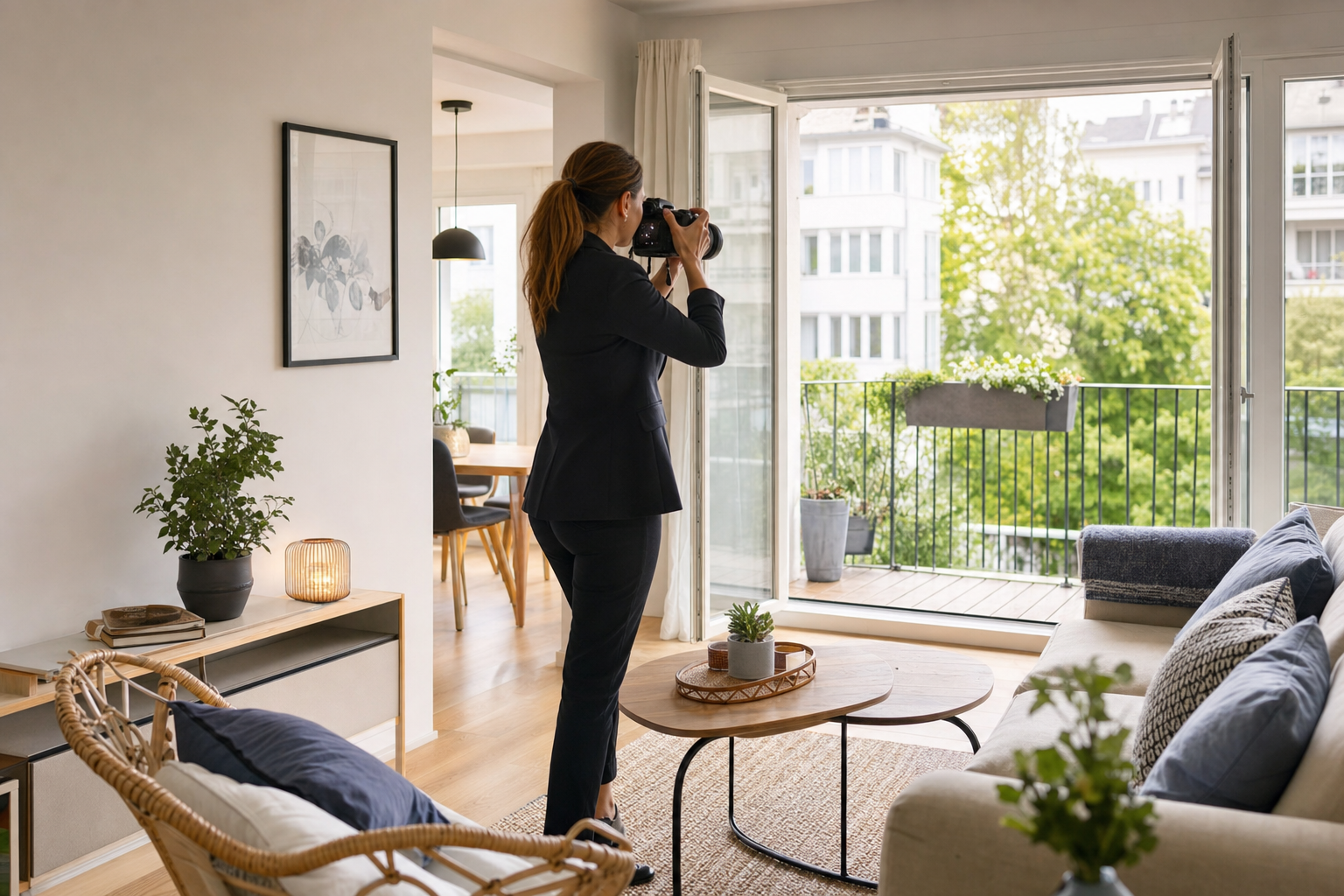 Maklerin fotografiert ein helles Wohnzimmer mit Balkon für ein Immobilienexposé