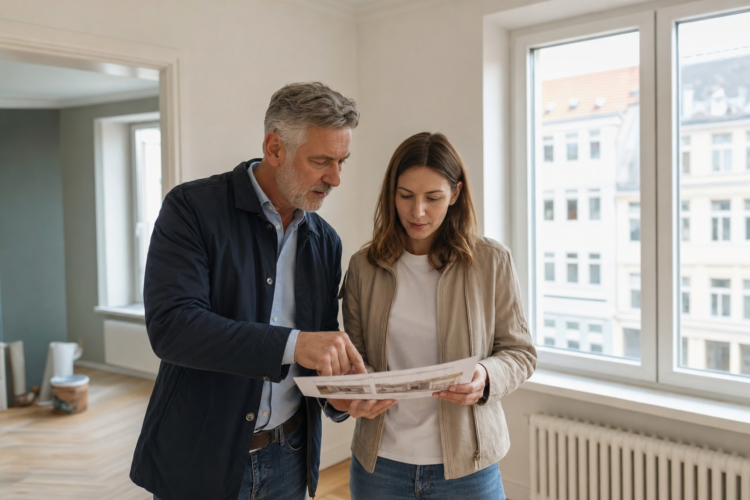 Eigentümer und Mieter prüfen gemeinsam Modernisierungsunterlagen in einer renovierten Wohnung