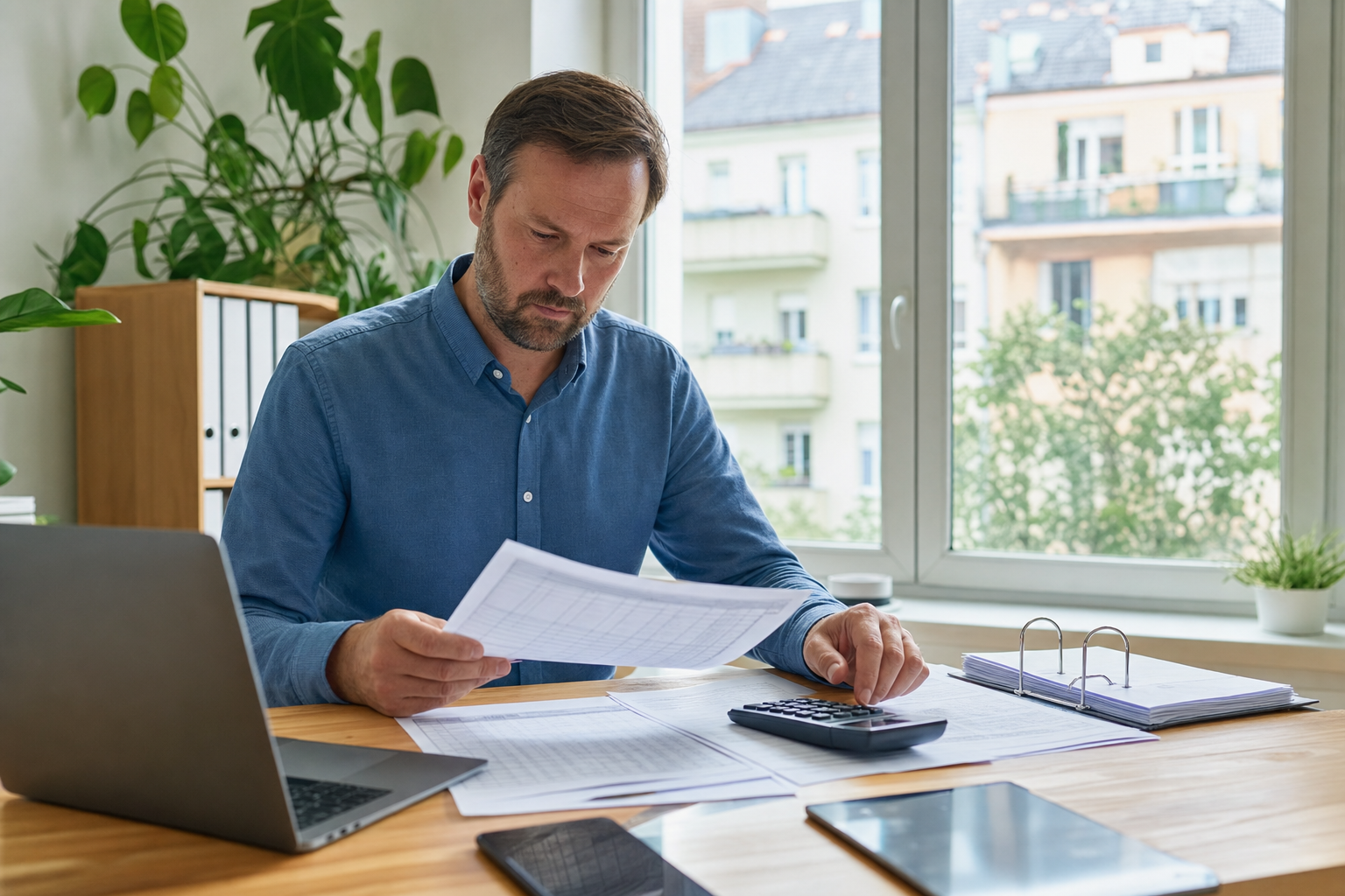Vermieter prüft am Schreibtisch Mietunterlagen und digitale Abrechnungen für ein Wohnhaus