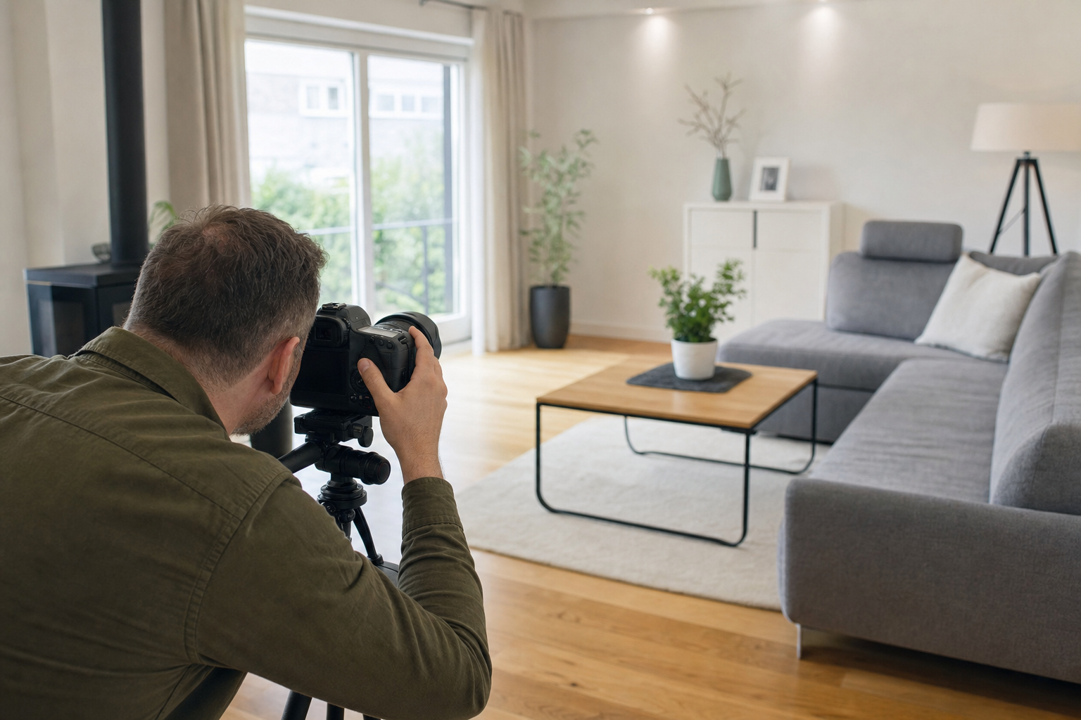 Fotografin erstellt helle Innenaufnahmen eines aufgeräumten Wohnzimmers für ein Immobilienexposé
