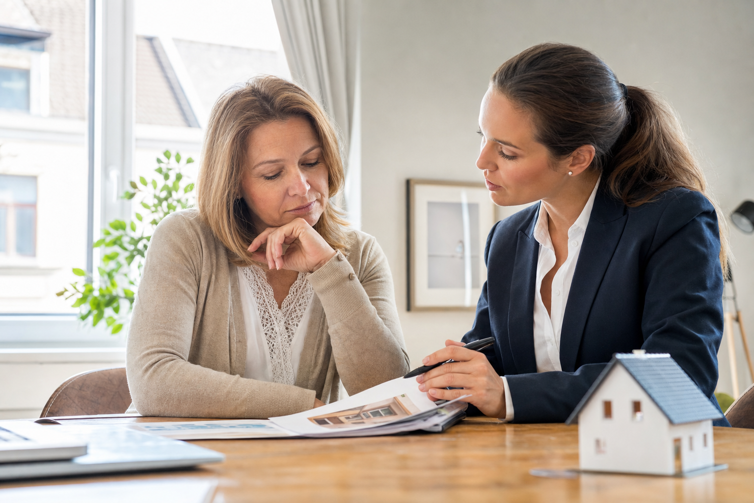 Eigentümerin und Immobilienberater prüfen Verkaufsdokumente an einem Schreibtisch