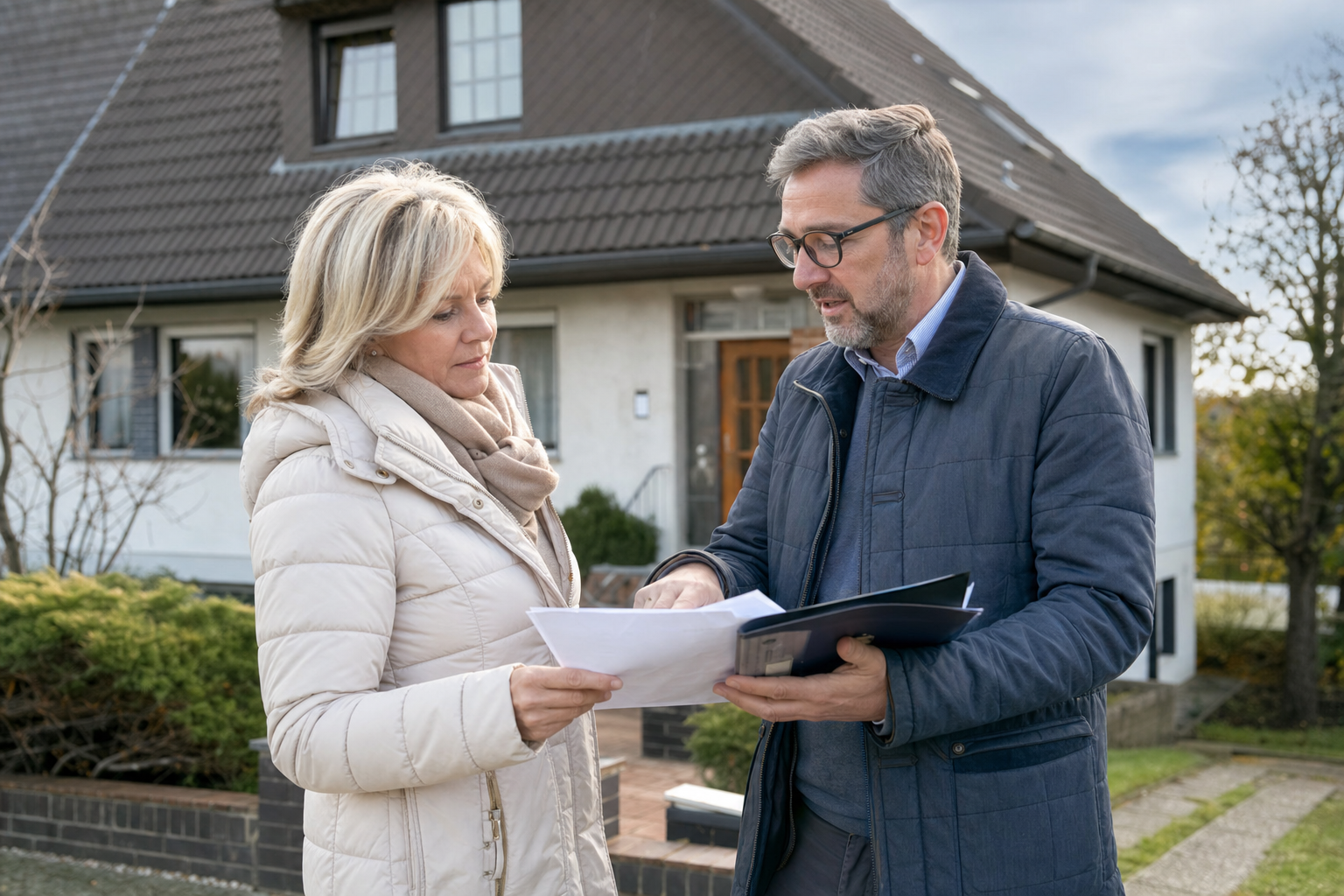 Eigentümer und Energieberater prüfen Unterlagen vor einem Einfamilienhaus