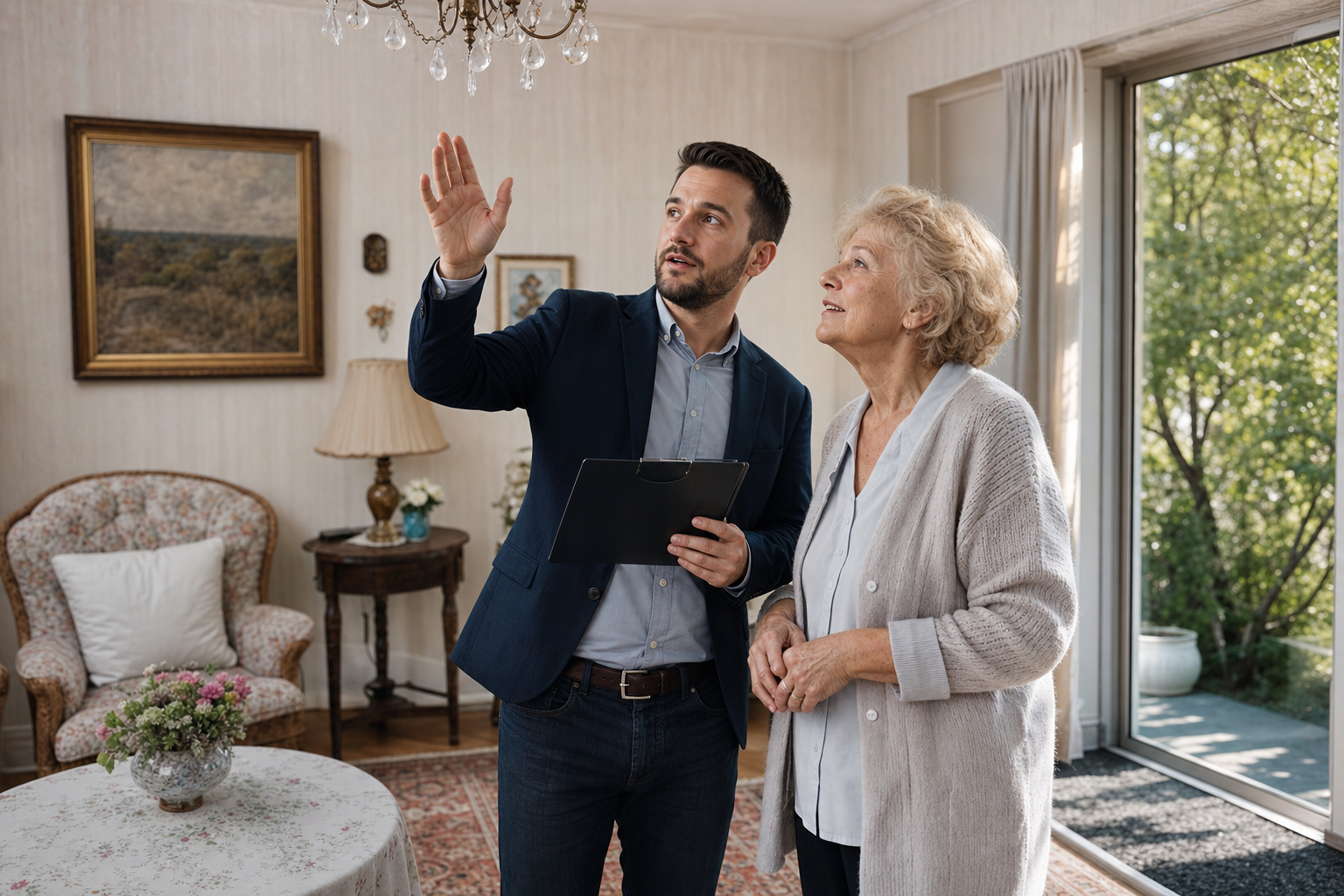 Sachverständiger besichtigt mit einem älteren Hauseigentümer ein gepflegtes Wohnhaus