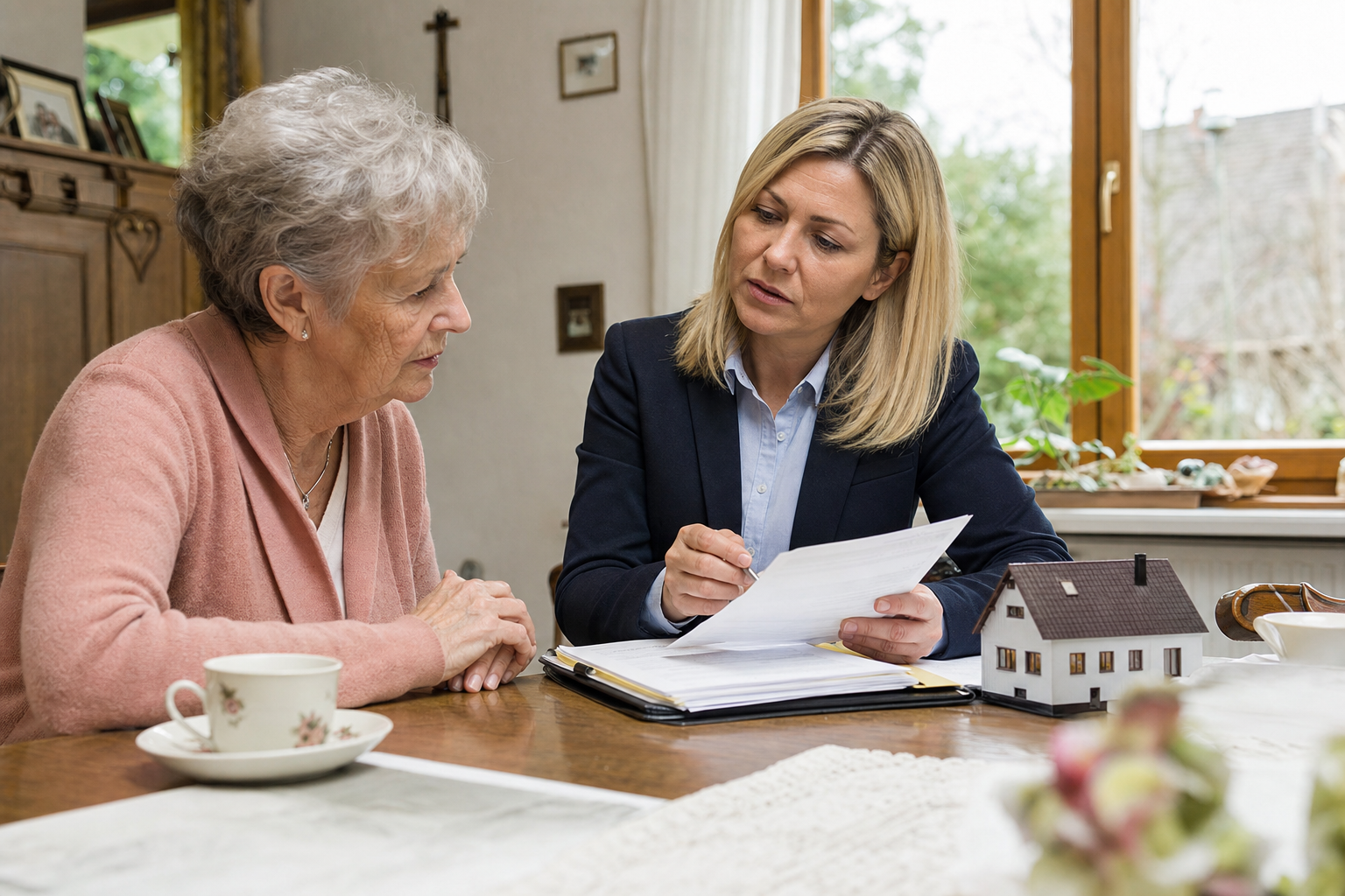Seniorin bespricht mit einem Immobilienberater die laufenden Kosten ihres Einfamilienhauses