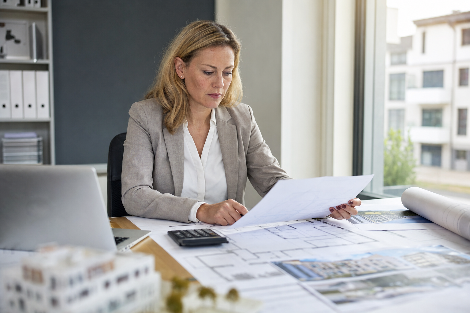 Eigentümerin prüft Baupläne und Immobilienunterlagen an einem Schreibtisch