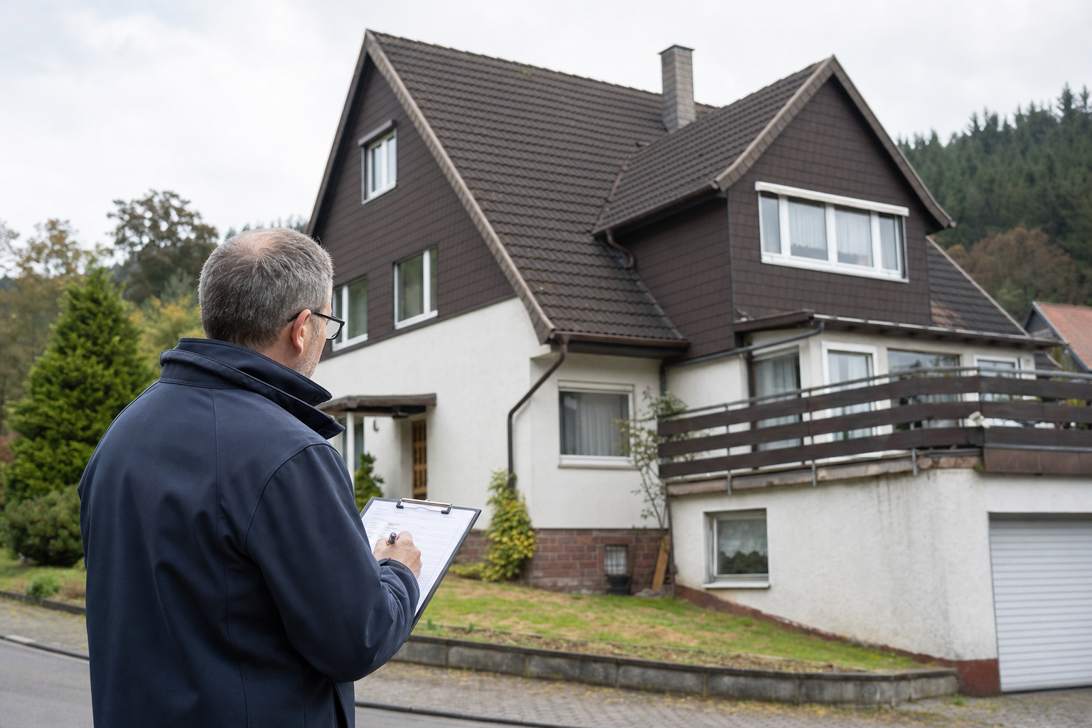 Sachverständiger bei der Begutachtung eines Einfamilienhauses im Harz