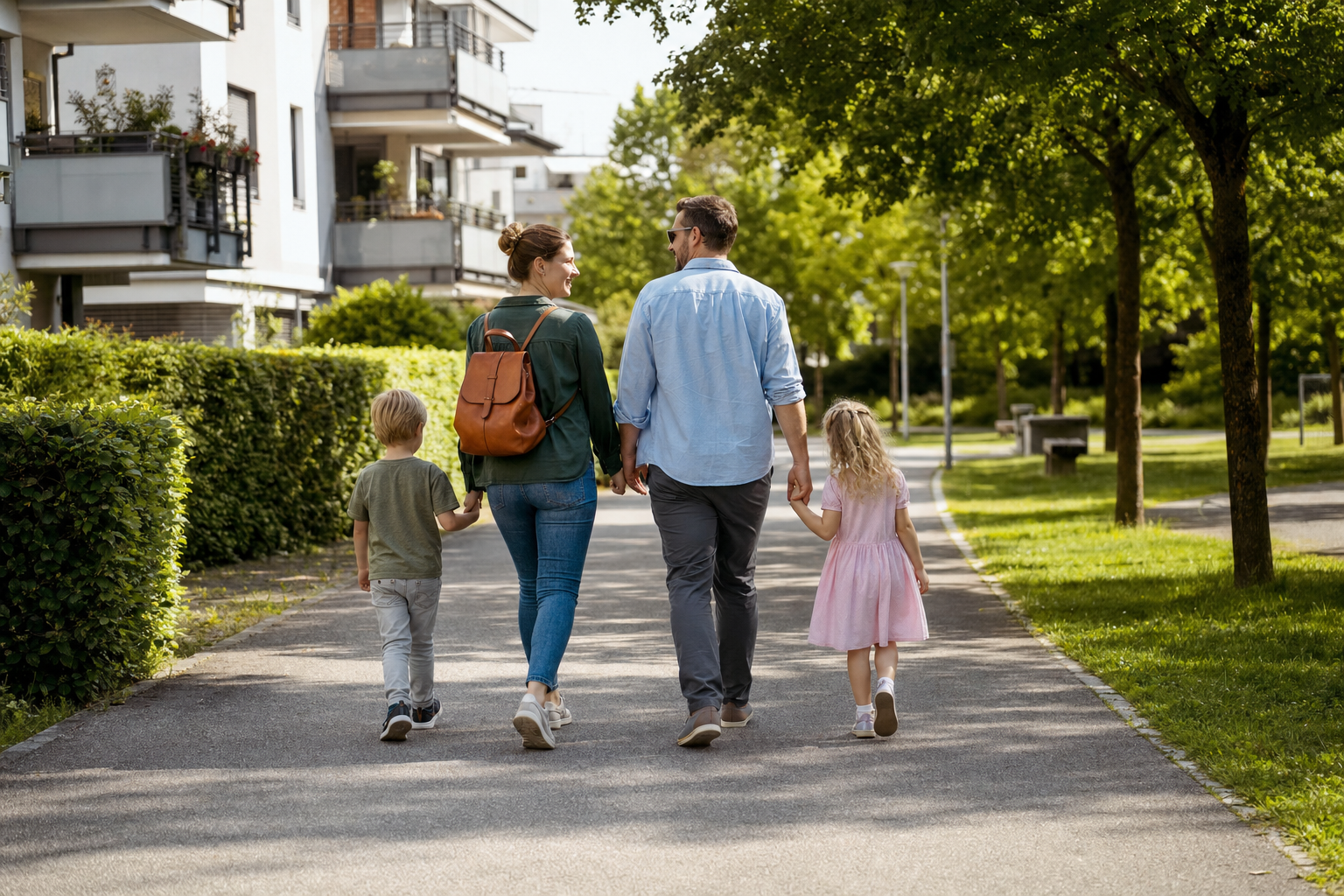 Familie geht von einem Wohnhaus zu einer nahe gelegenen Grünanlage