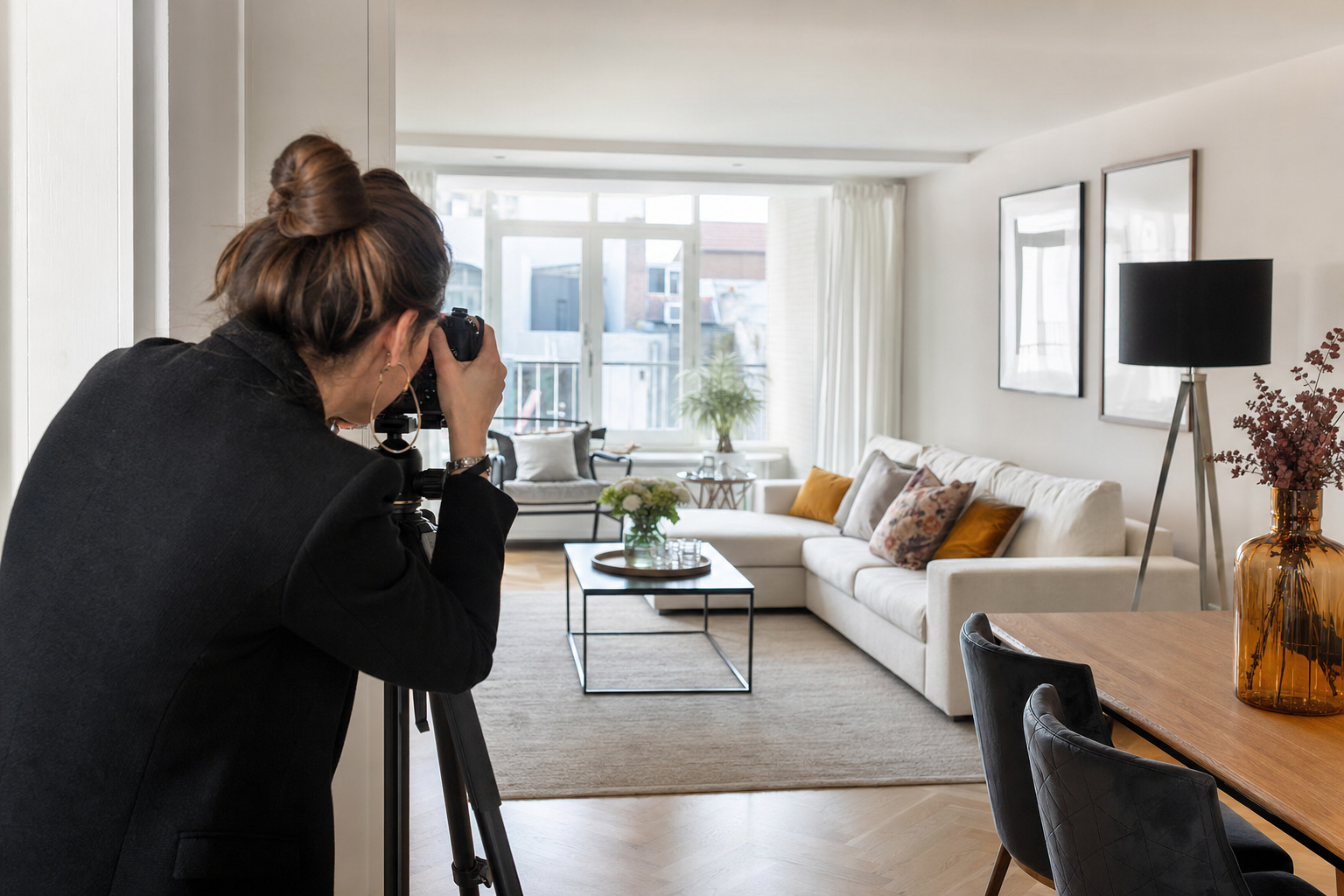 Immobilienmaklerin fotografiert ein hell eingerichtetes Wohnzimmer für ein Verkaufsexposé