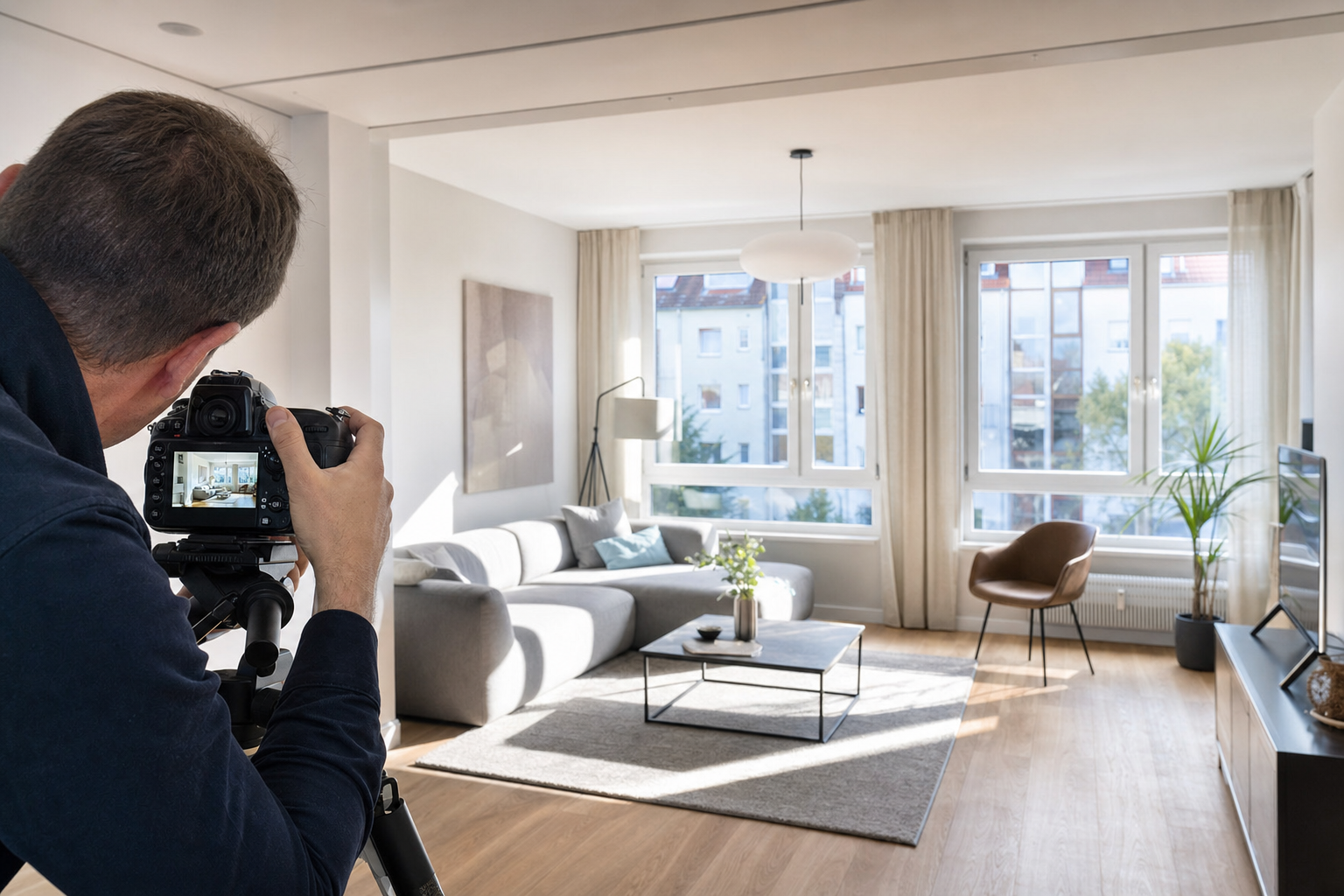 Fotografin nimmt ein helles und aufgeräumtes Wohnzimmer für die Immobilienvermarktung auf